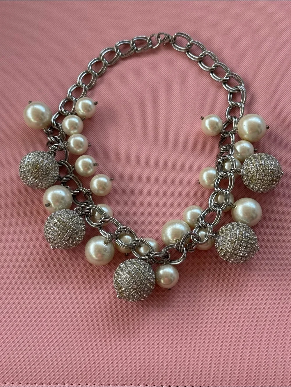 Pearl and Pave Ball Charm Statement 8 inch Necklace - Silver-toned, GUC